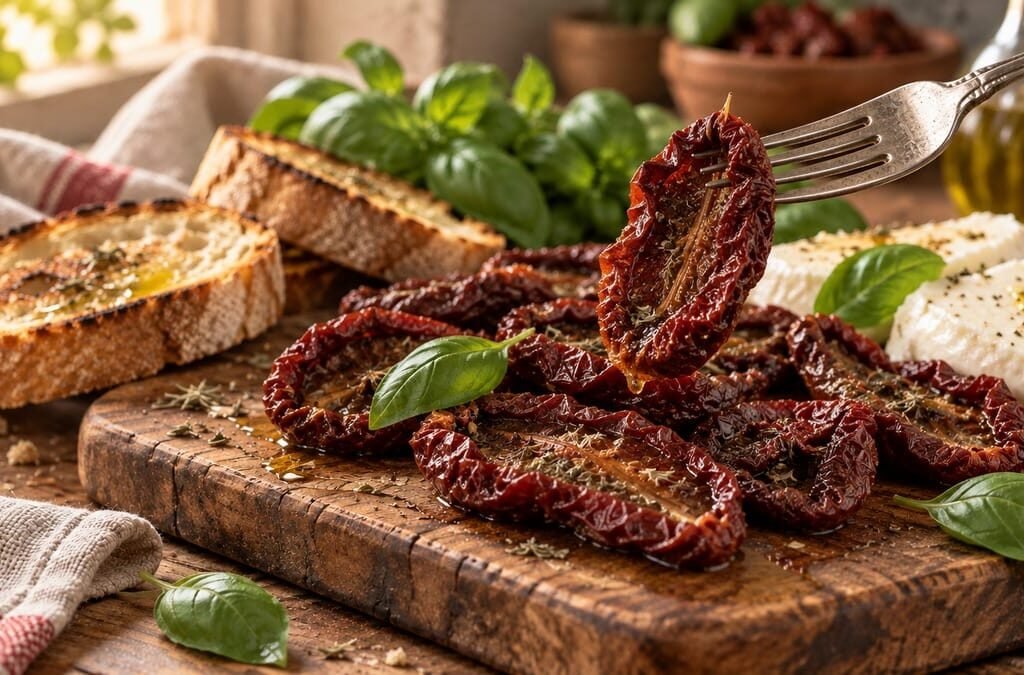 Tomates secos brilhando de azeite numa tábua com pão e manjericão