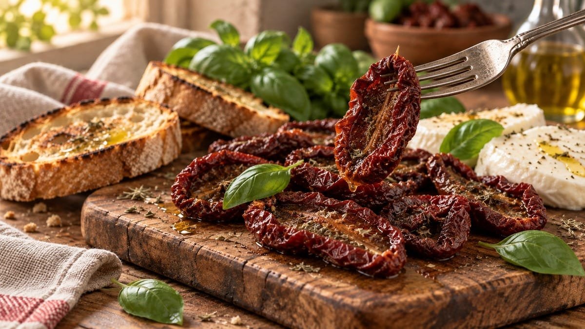 Tomates secos brilhando de azeite numa tábua com pão e manjericão