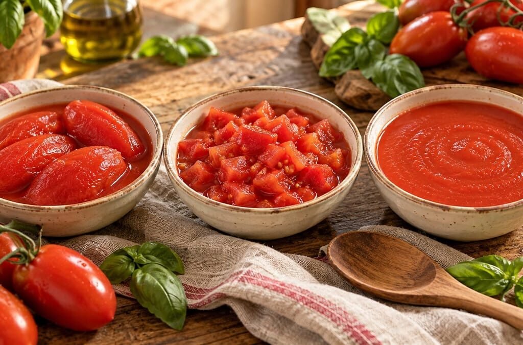 Três tigelas mostrando tomate pelado, tomate picado e passata