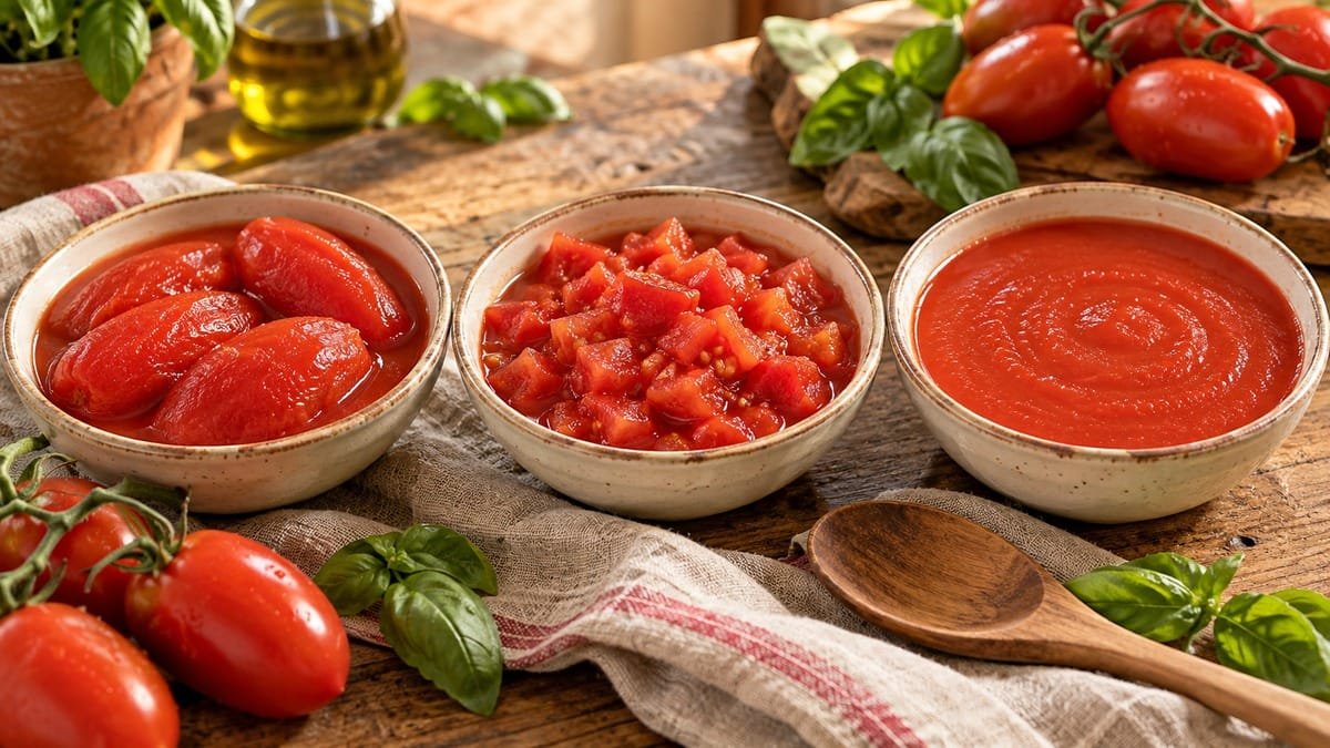 Três tigelas mostrando tomate pelado, tomate picado e passata