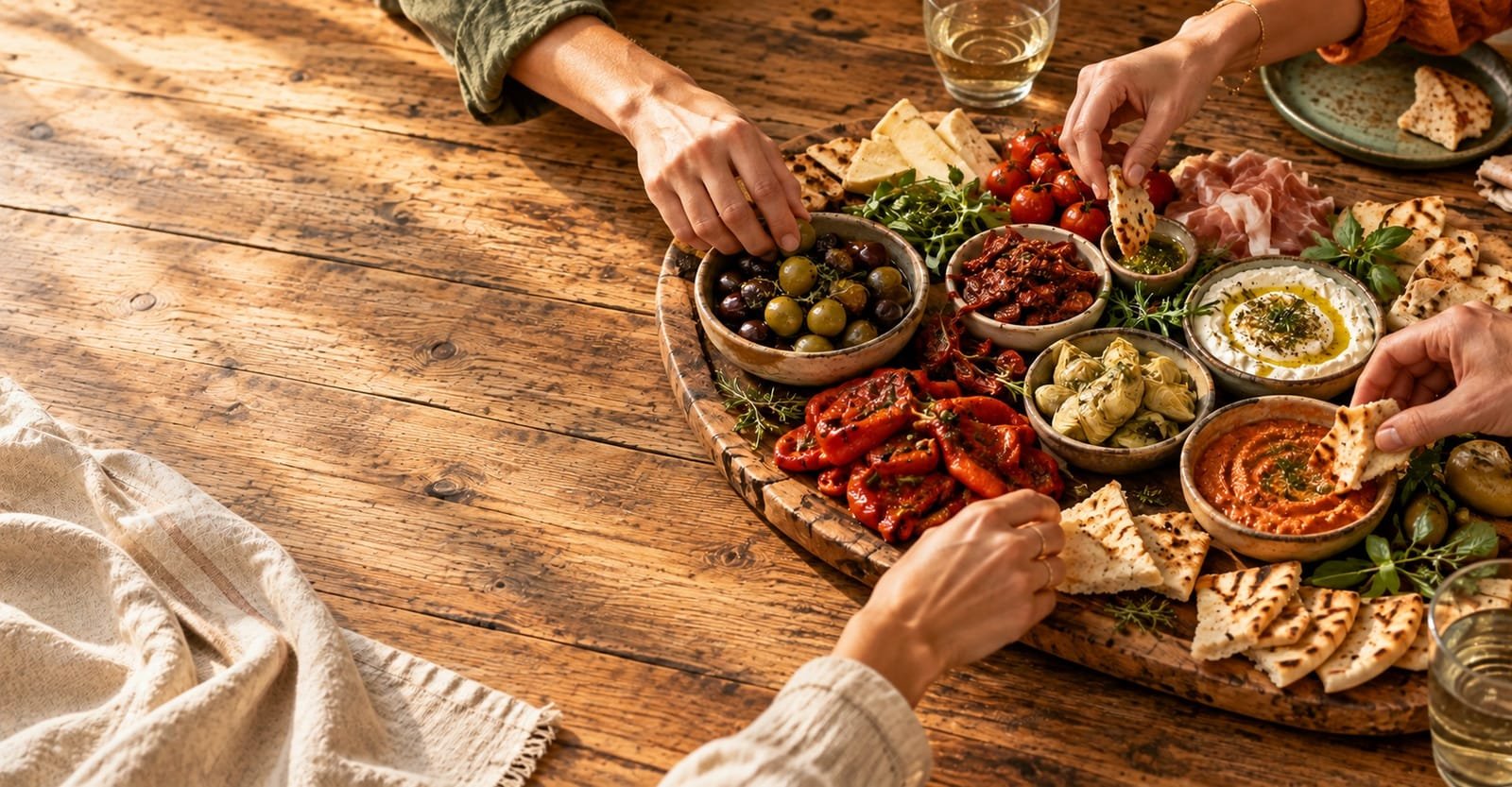 Mesa posta com tábua de antepastos, pães e potes para compartilhar