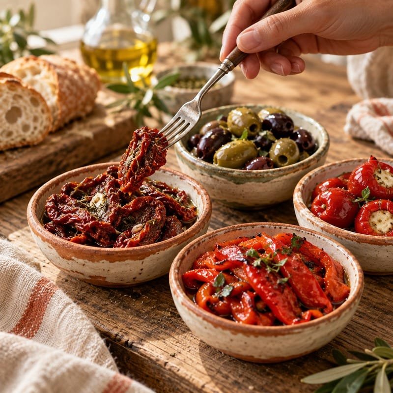 Tomate seco, pimentão assado e azeitonas em tigelinhas