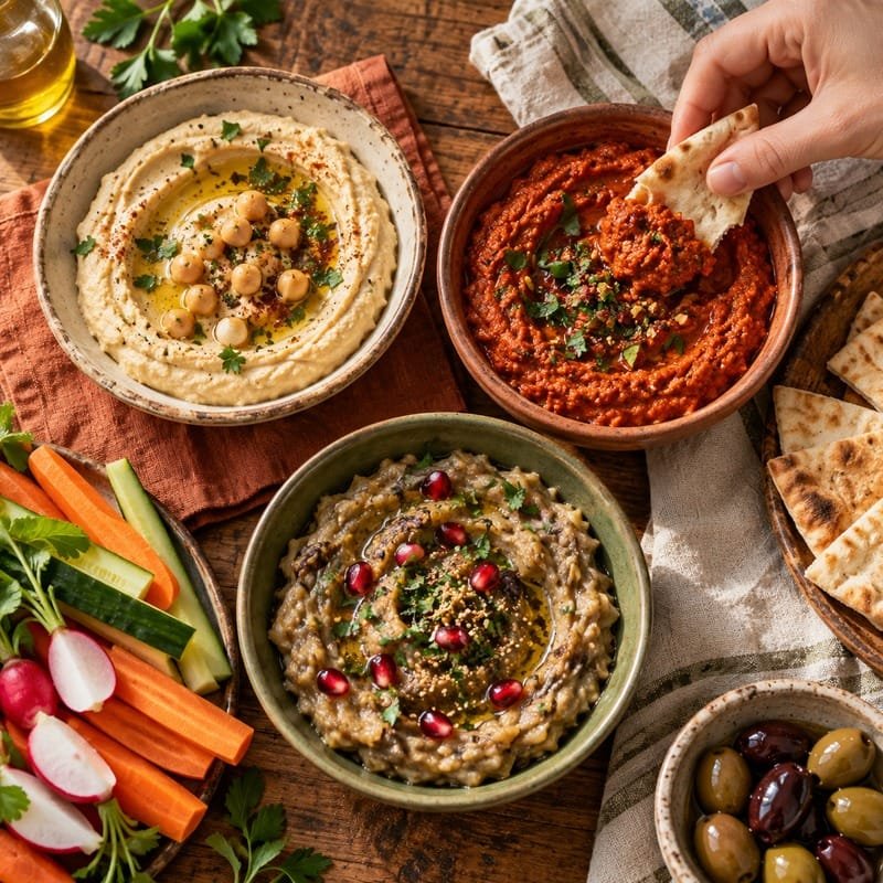 Tigelas de homus e dips coloridos com pão sírio e palitos de legumes