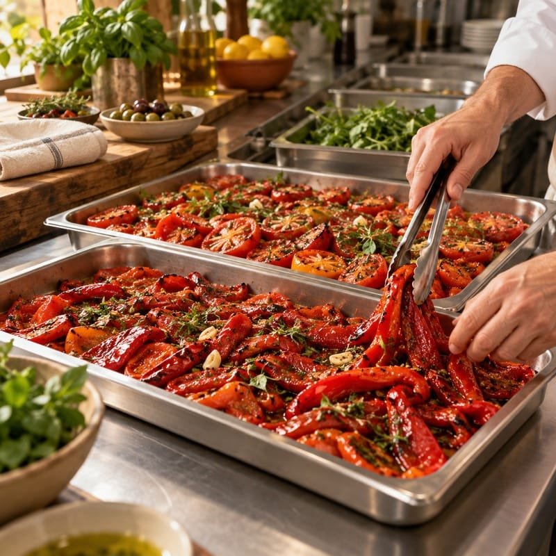 Bancada de cozinha profissional com bandejas de tomate e pimentão