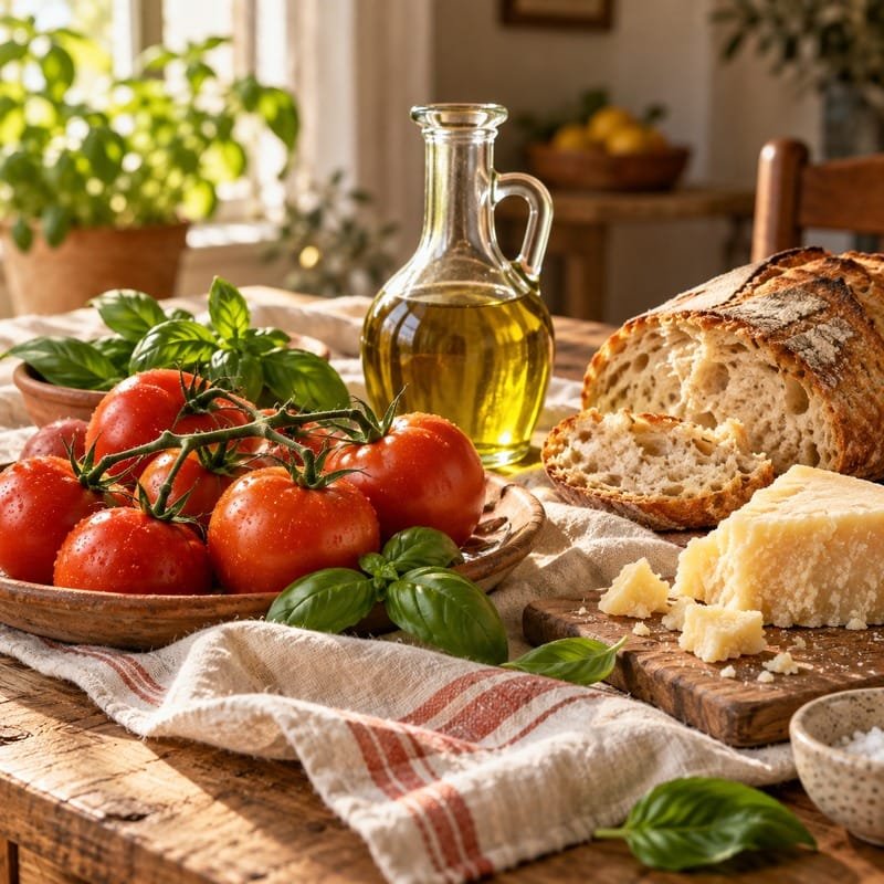 Tomates maduros, manjericão, pão e queijo sobre uma mesa rústica