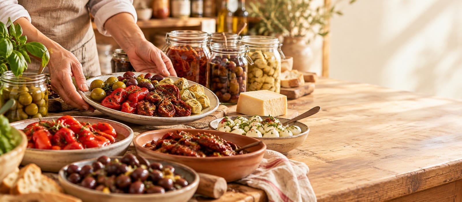 Balcão de delicatessen com bandejas de antepastos e potes de vidro